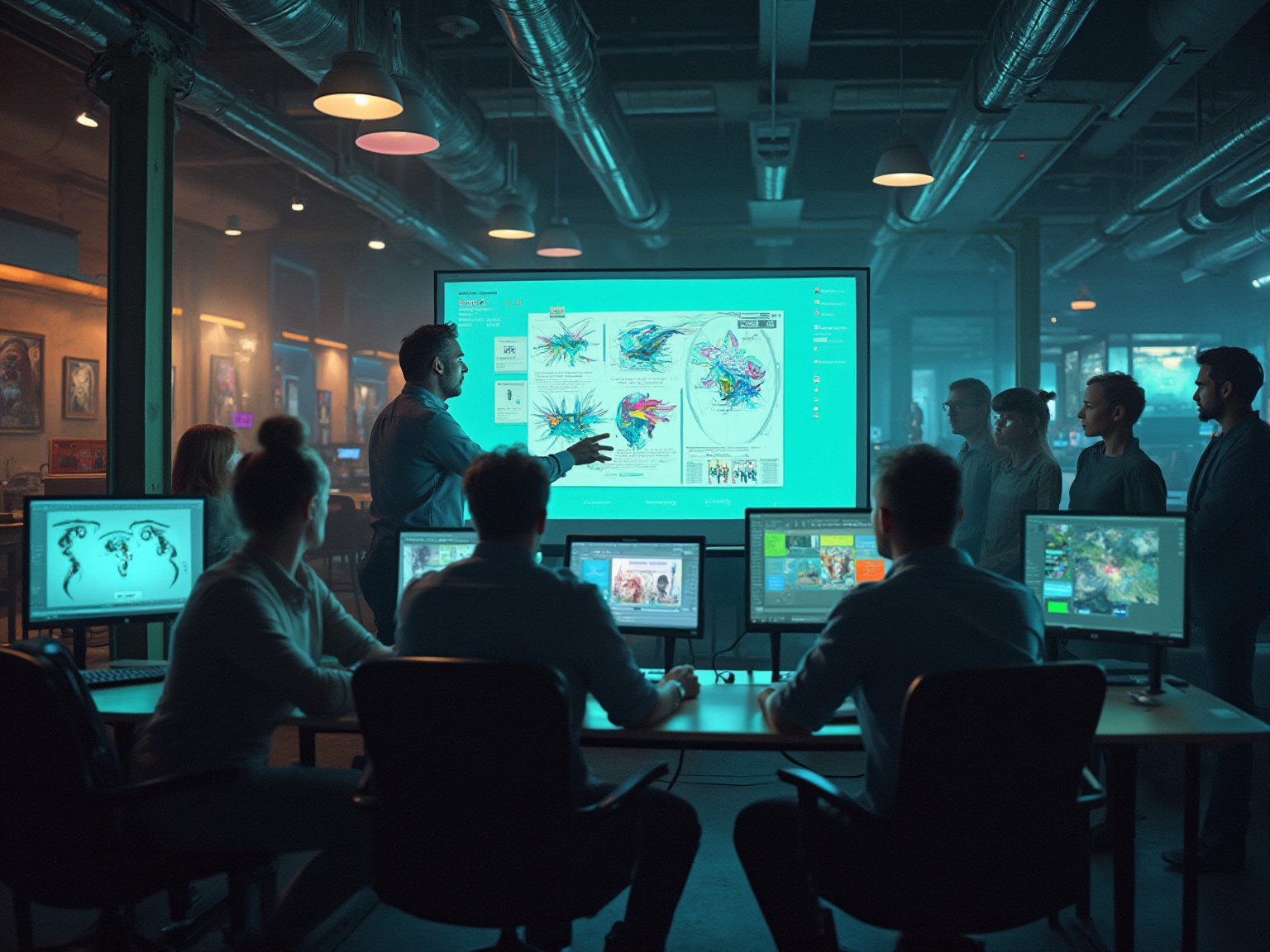 A group of people sitting in front of a large screen.