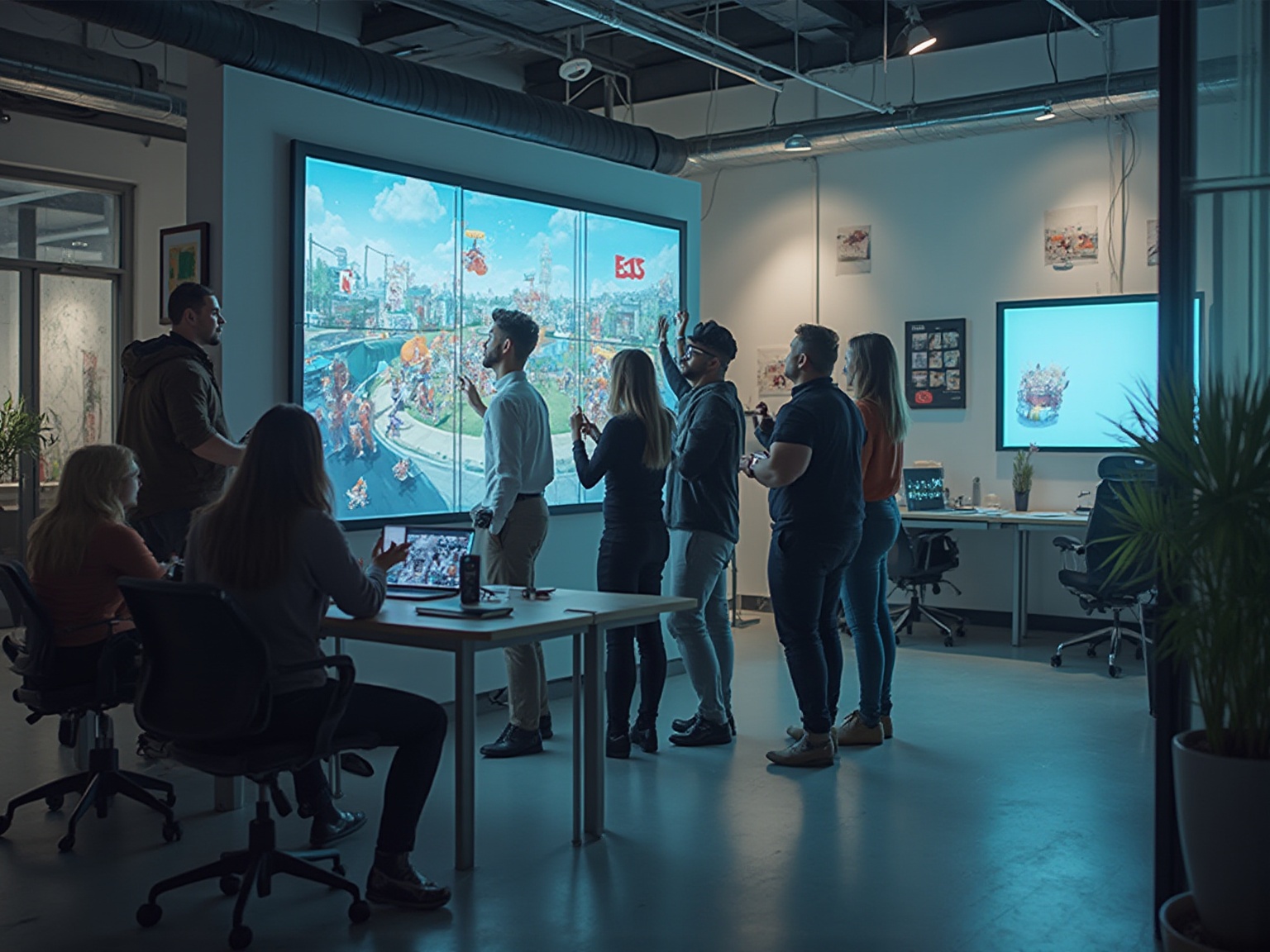 A group of people are standing in front of a large screen.