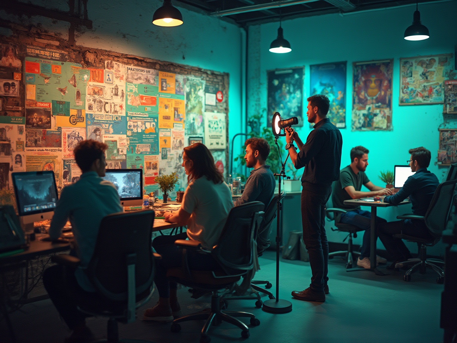 A group of people sitting in a room with a man holding a camera.