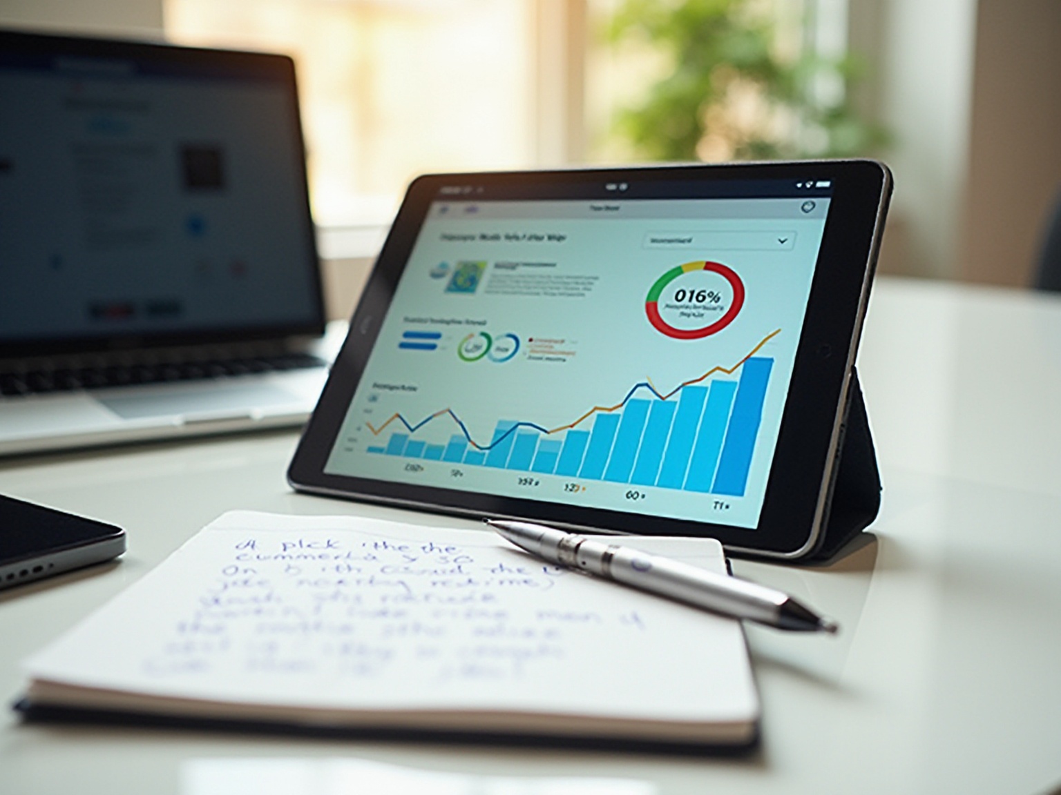 A tablet with a pen and notebook on it.