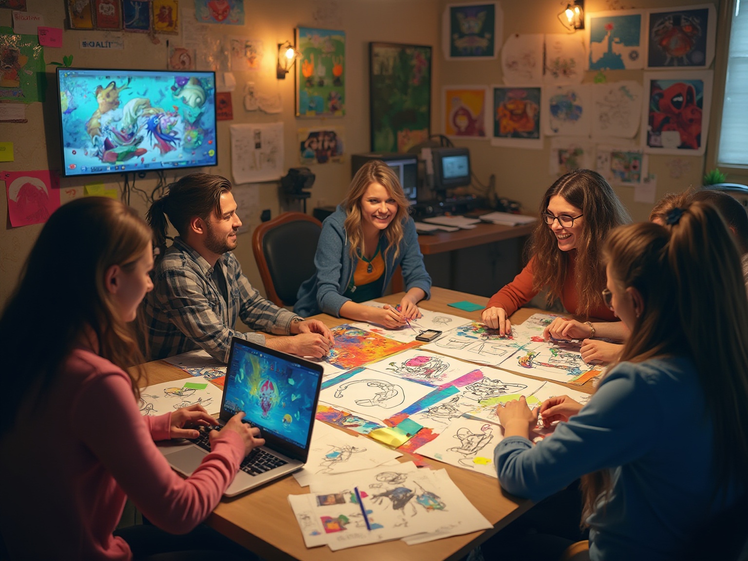 A group of people sitting around a table with a laptop and drawing paper.