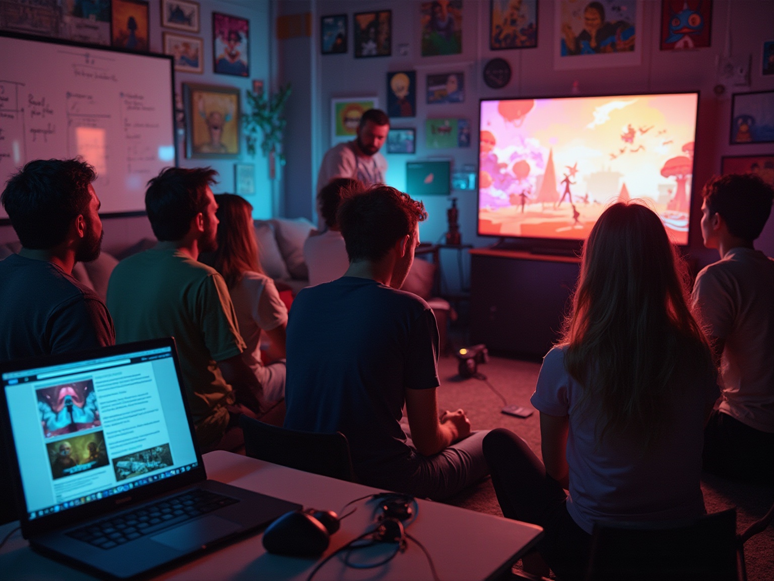 A group of people playing video games in a dark room.