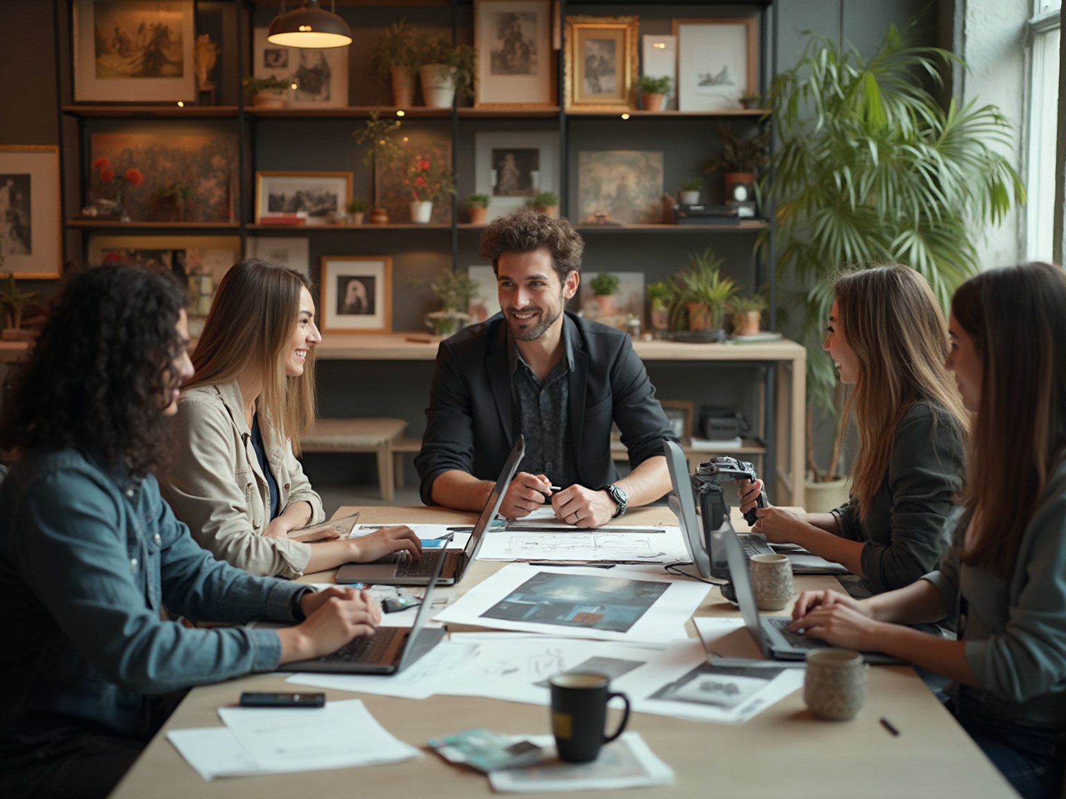 A group of people sitting around a table with laptops and a cup of coffee.