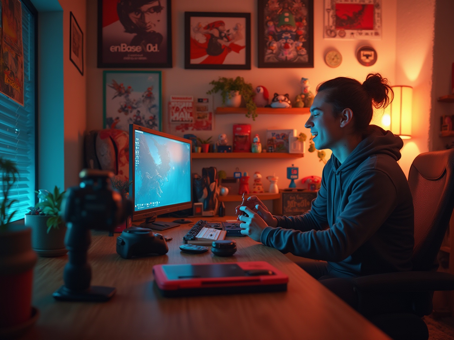 A man sitting at a desk with a computer and a camera.