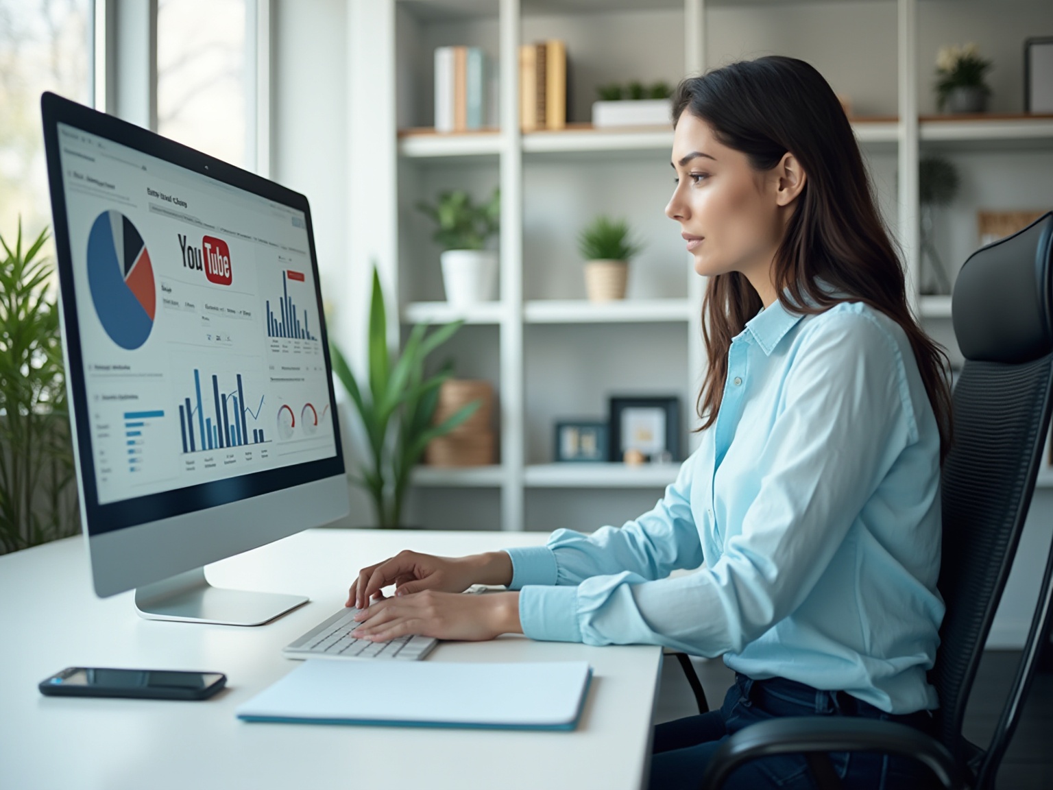 A woman sitting at a desk using a computer.