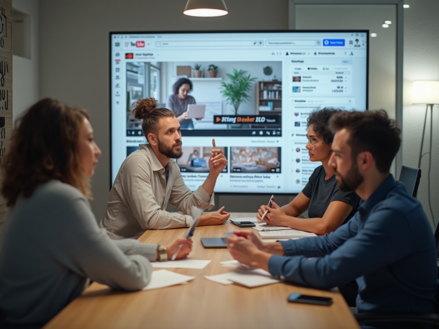 A group of people sitting around a table with a large screen in front of them.