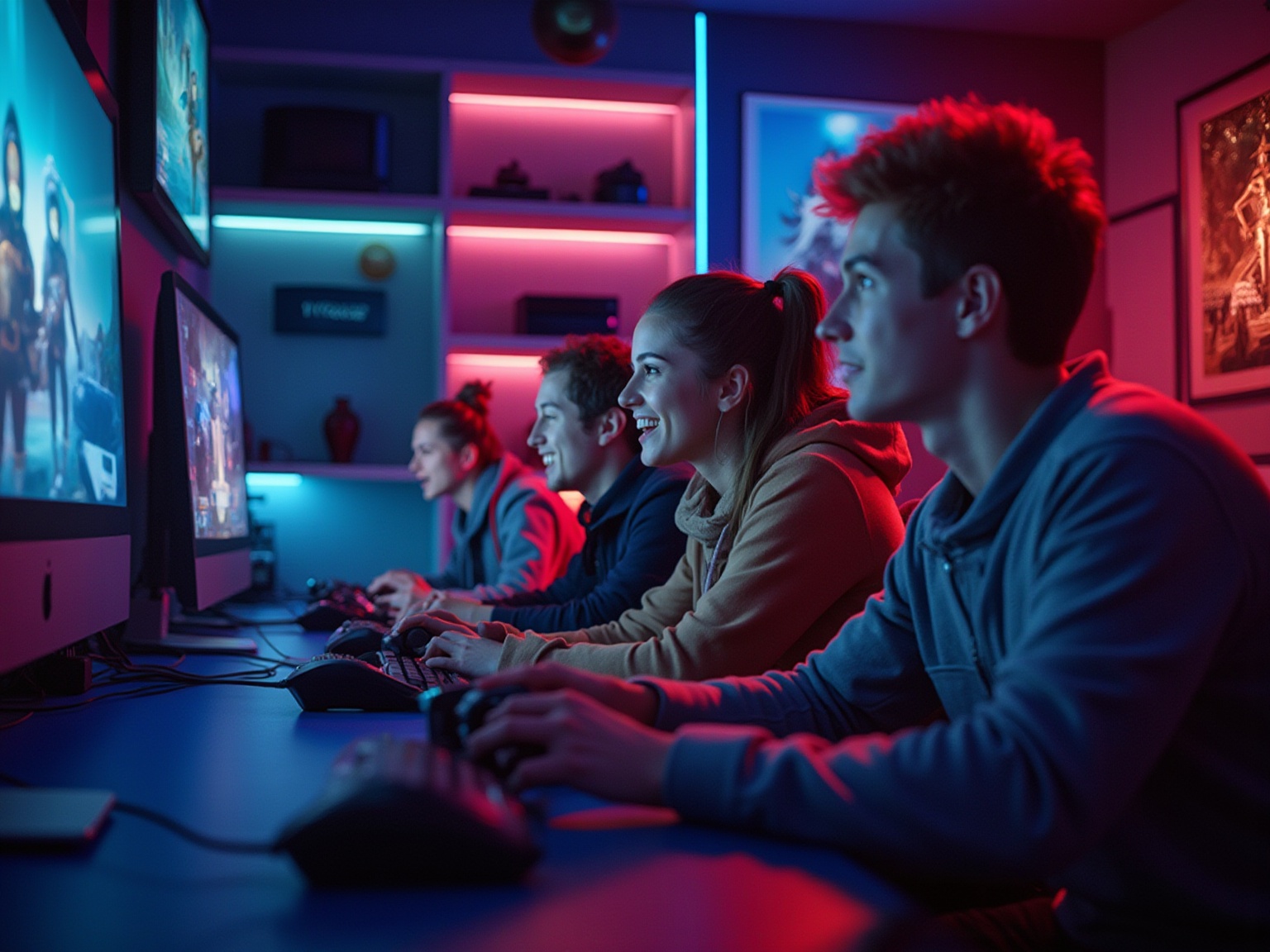A group of people playing video games in a dark room.