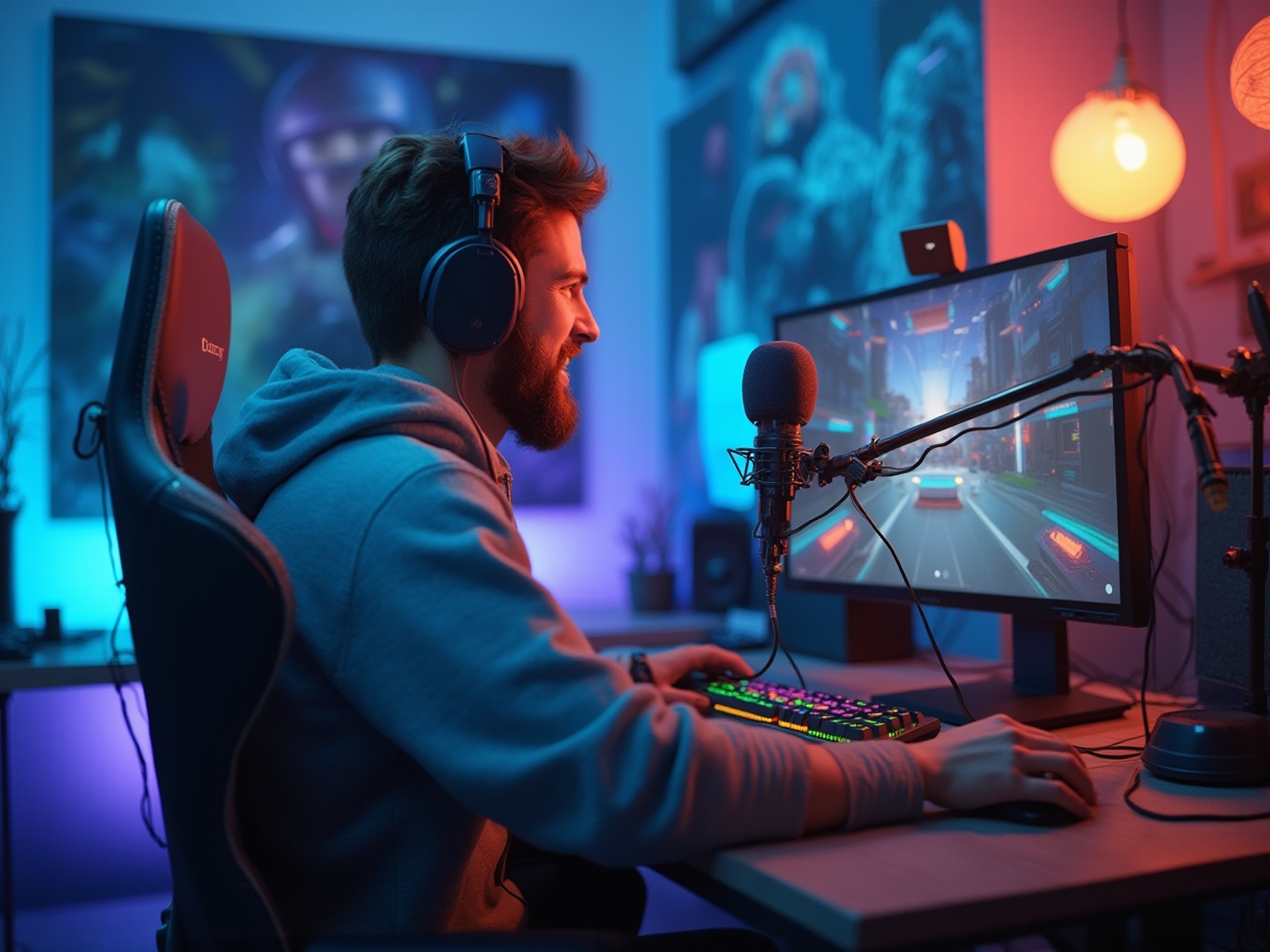 A man wearing headphones and a grey hoodie is playing a video game.