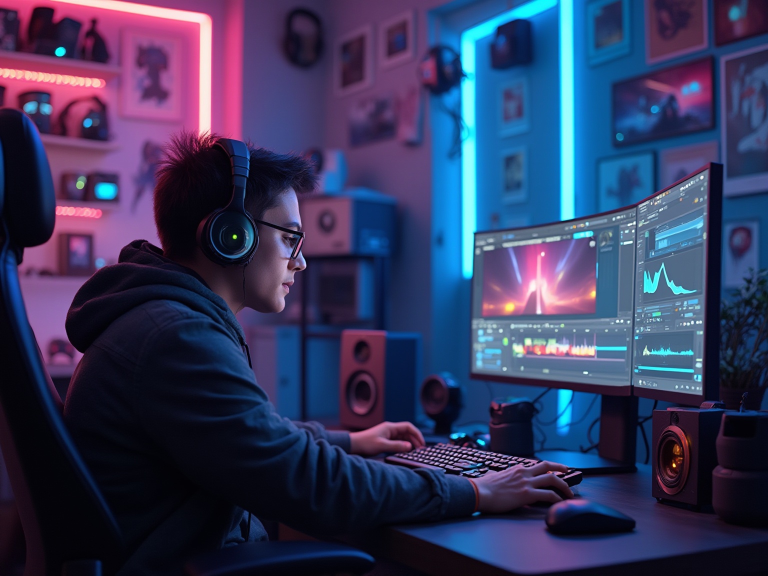 A man wearing headphones and glasses is working on a computer.