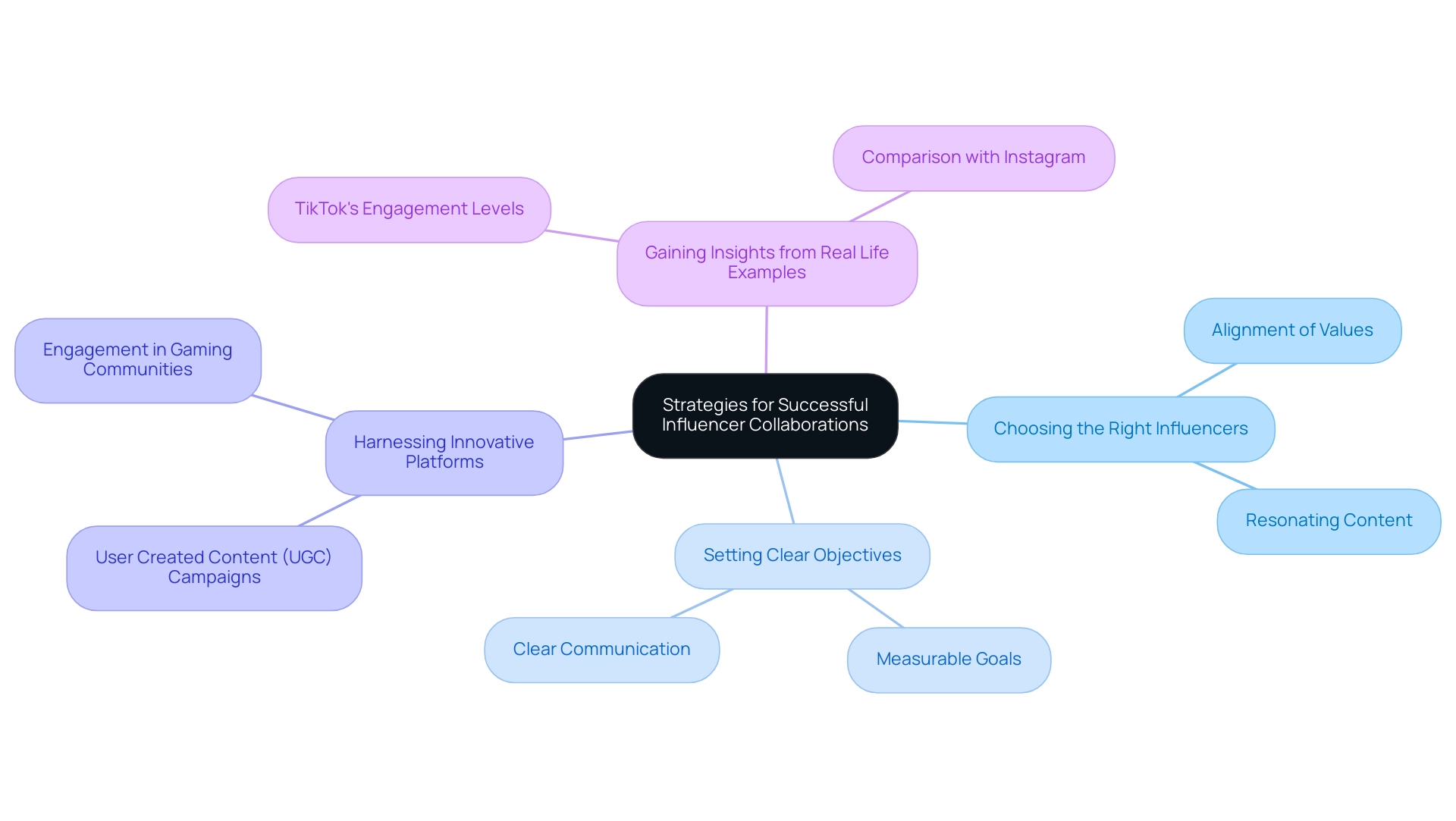 The central node represents the overall strategies, with branches showing the four key strategies and their respective sub-points.