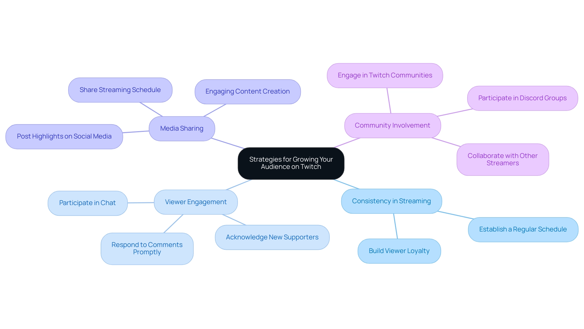 Each branch represents a key strategy for audience growth, with sub-branches detailing specific actions. Color coding differentiates the main strategies.