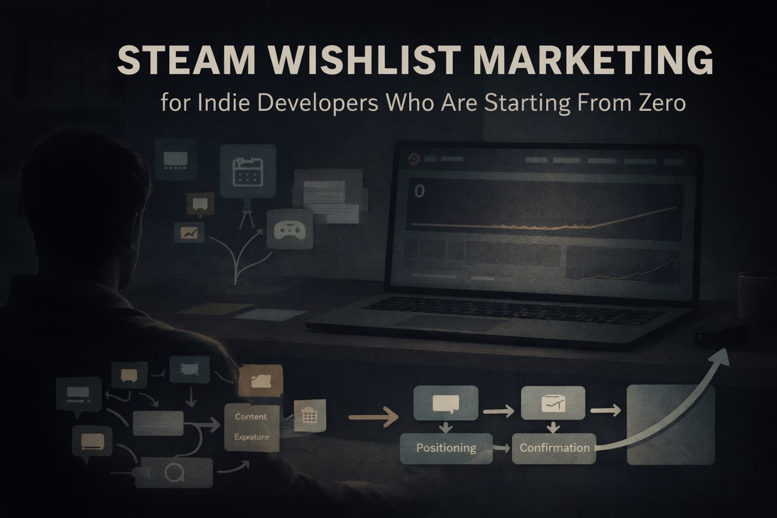 A man sitting in front of a laptop with a steam wishlist marketing poster.
