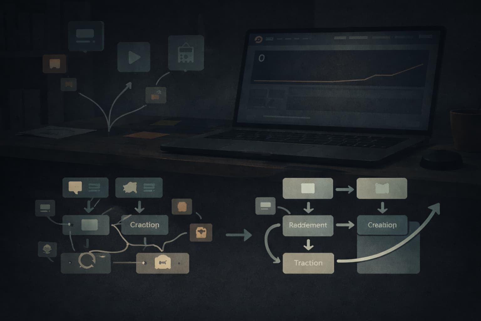 A laptop with a screen that shows a flow chart.