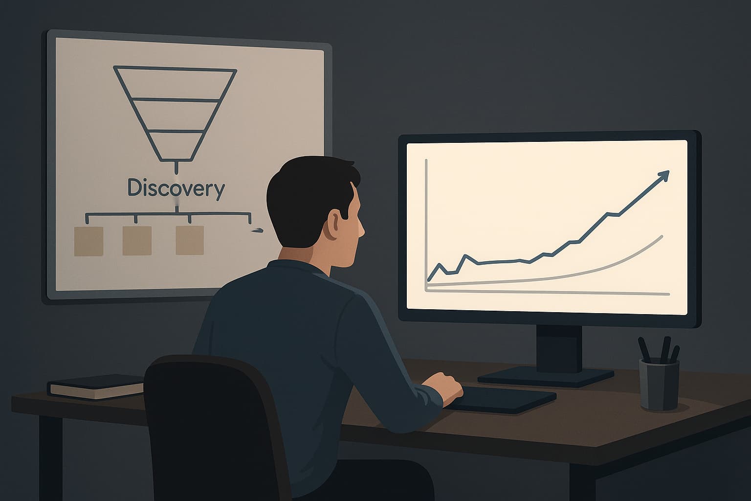 A man sitting in front of a computer screen with a graph on the screen.