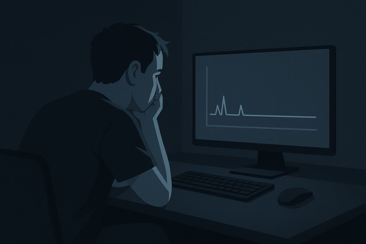 A man with his hand on his chin looking at a computer screen.