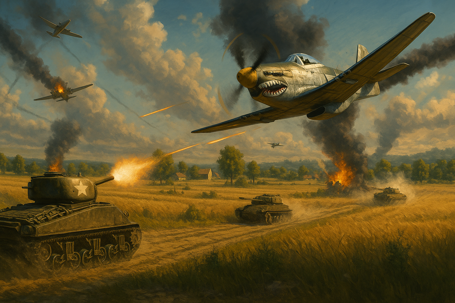A painting of a tank and a plane in a field.