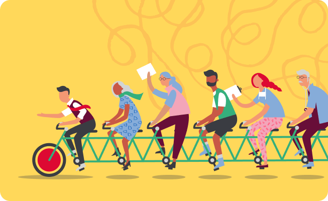 An illustration of multiple people on a bike