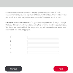 A Thiscovery exercise asking participants to list their most important elements of good staff engagement in Q's good staff engagement project.