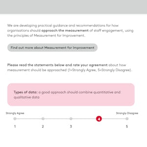 A Thiscovery survey exercise asking participants to rate statements for Q's good staff engagement project.