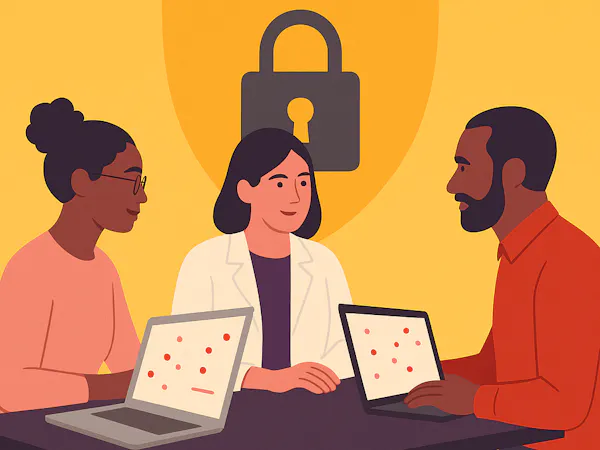 Colleagues sit around a table discussing their company's data protection protocols.