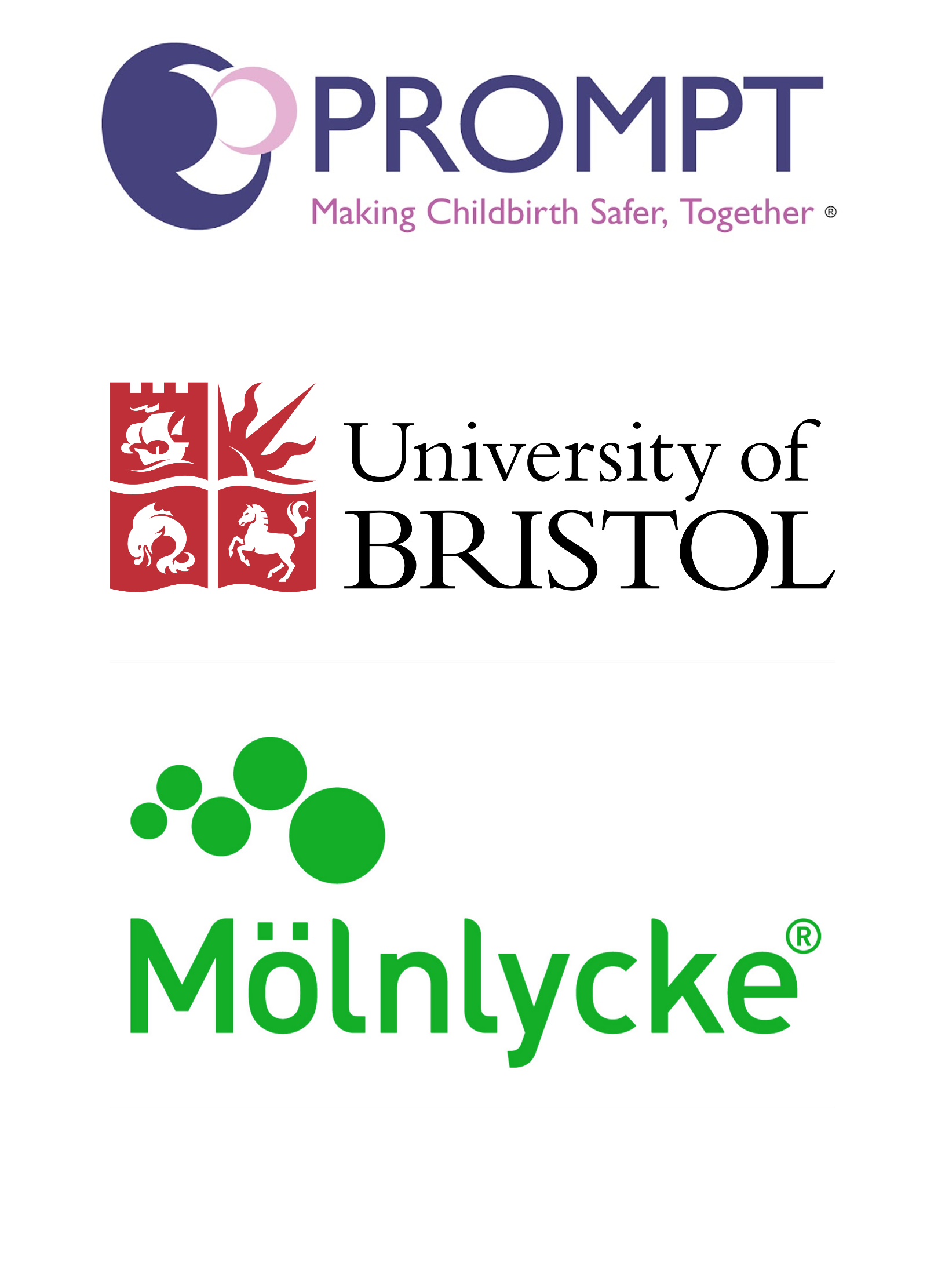 Logos for PROMPTS maternity foundation, the University of Bristol, and Mölnlycke