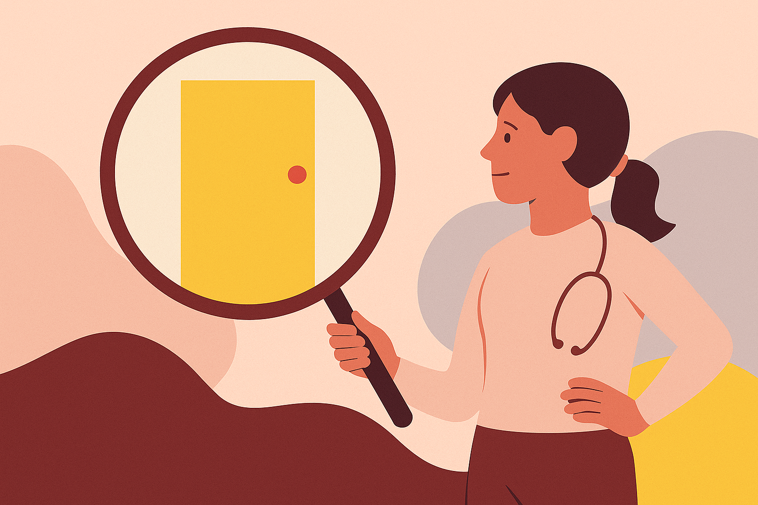 Woman holding magnifying glass to see a door.