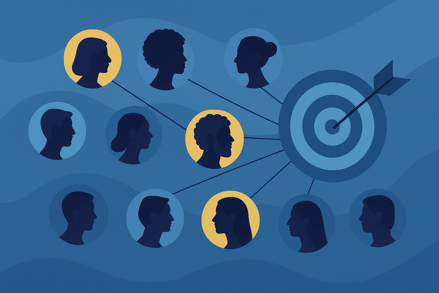 Heads of people – some highlighted – linked by arrows to a darts board with a dart hitting the bullseye target.