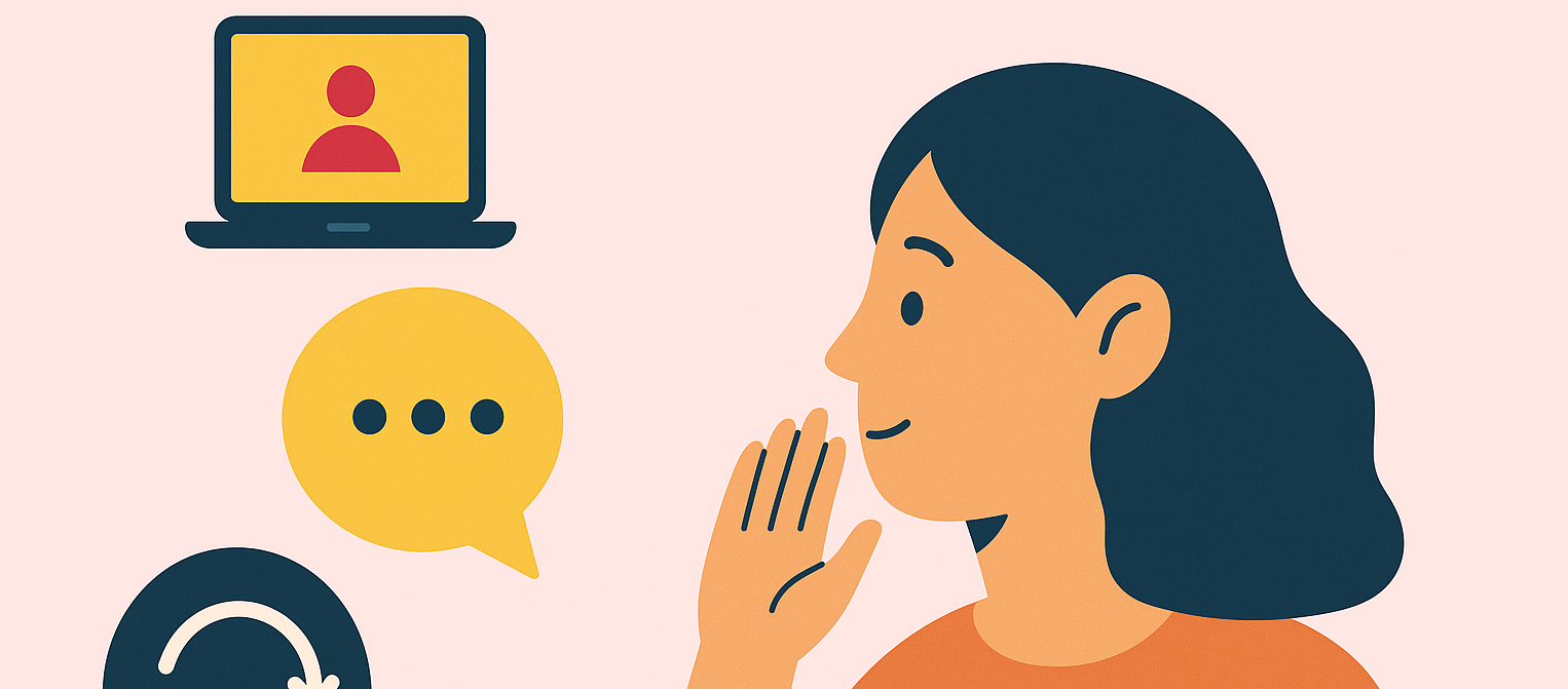 Woman holds her hand to her ear alongside visuals of a laptop with a profile icon, a dialogue bubble, and a continuation symbol.