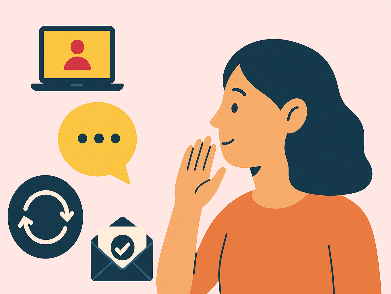 Woman holds her hand to her ear alongside visuals of a laptop with a profile icon, a dialogue bubble, and a continuation symbol.