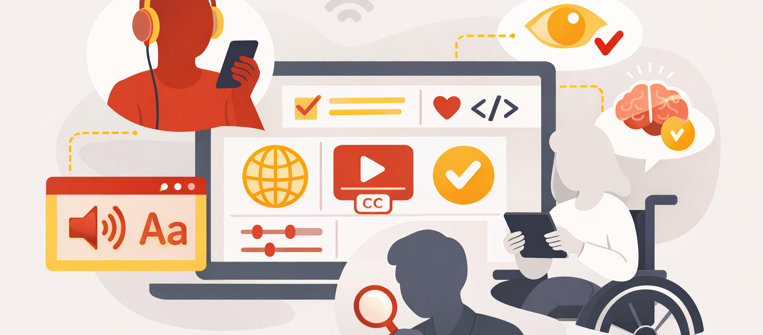 A laptop showing different accessibility icons and controls surrounded by images of people using different digital devices while living with various physical and visual needs.