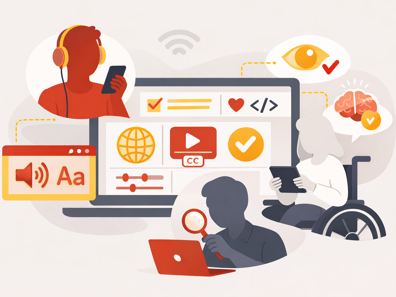 A laptop showing different accessibility icons and controls surrounded by images of people using different digital devices while living with various physical and visual needs.