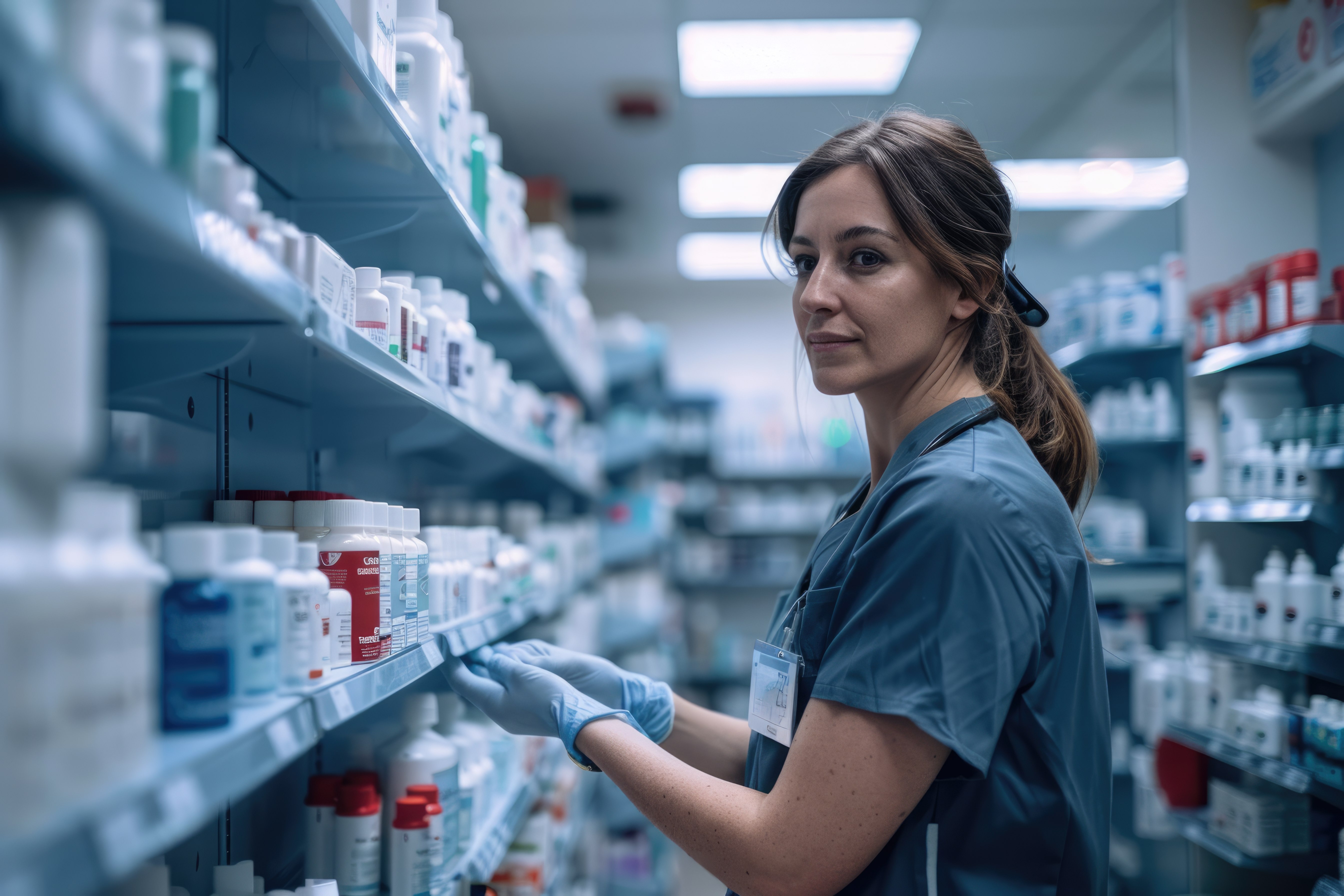 A female pharmacist stands in front of shelves of medication boxes and bottles.