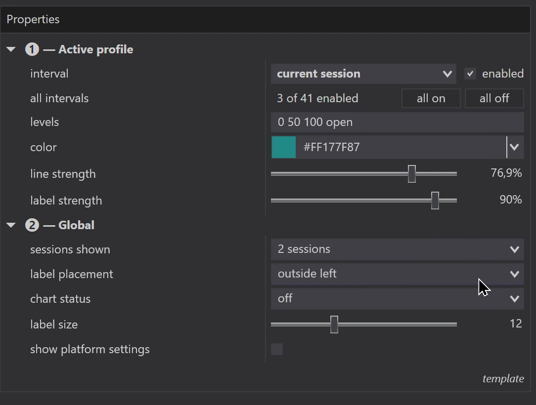 StructurePro settings showing enabled profiles, custom levels, separate line and label strength and label placement