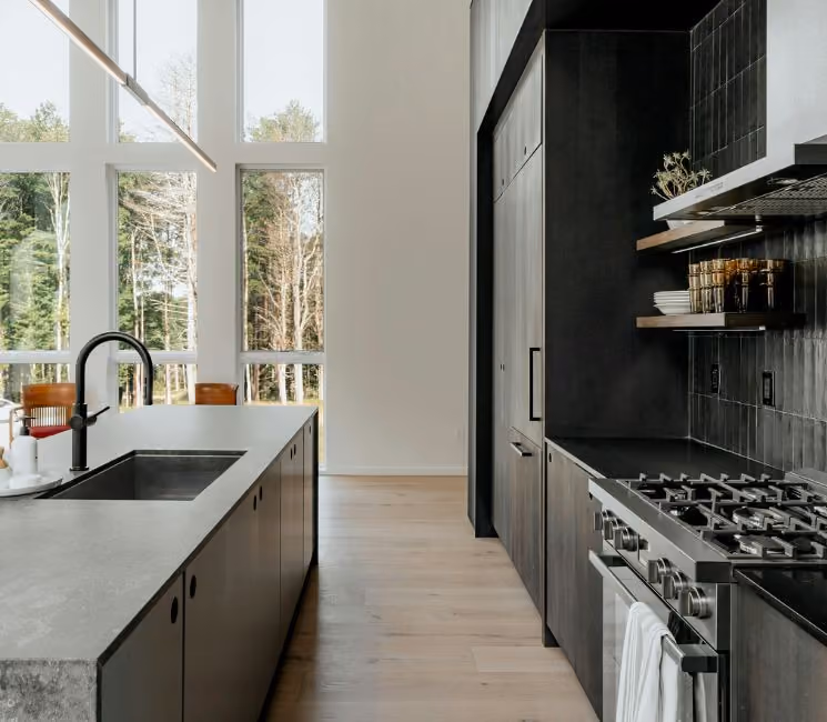 Modern dark kitchen cabinets in an open room design with large windows