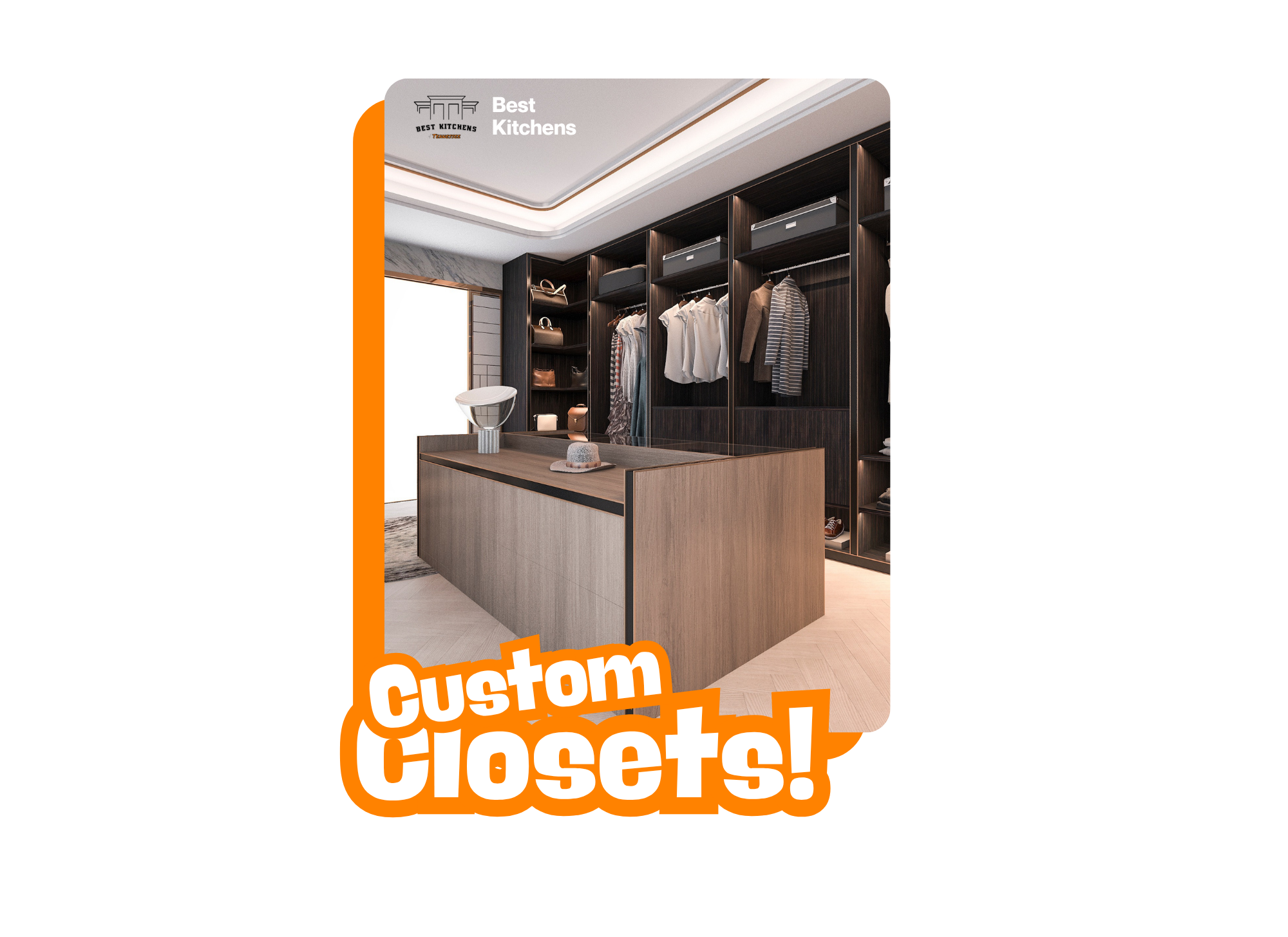 Modern custom walk-in closet with dark wood shelves and hanging clothes, a central island with a decorative hat and modern sculpture, and natural light coming from a large window.