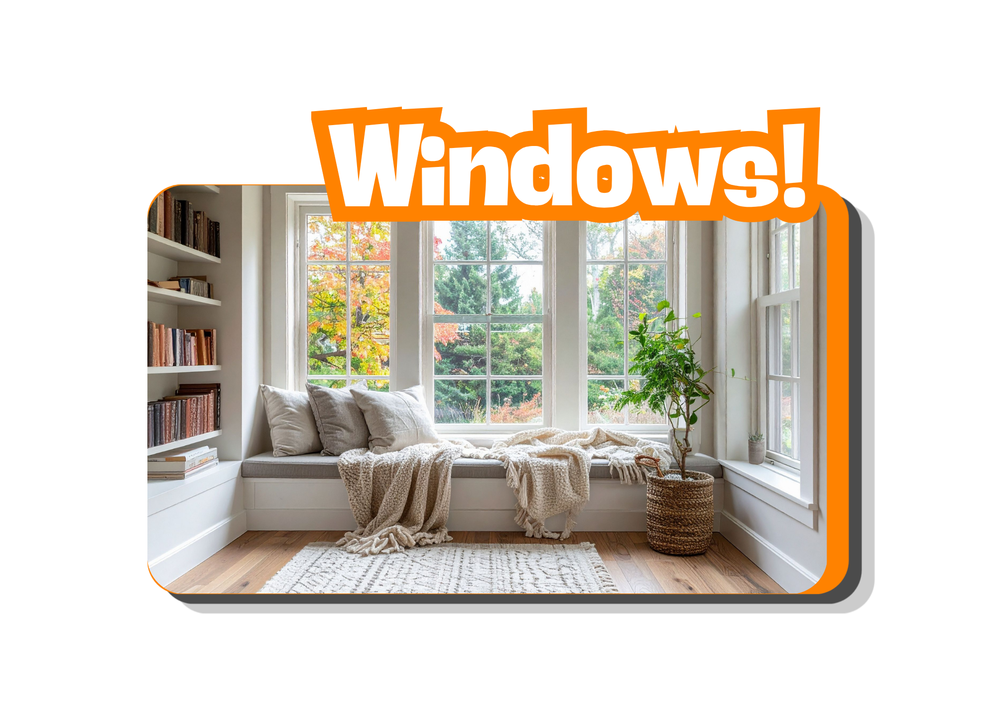 Cozy window seat with cushions and draped blanket by large white-framed windows showing green and autumn-colored trees outside, flanked by a built-in bookshelf on the left and a potted plant on the right.