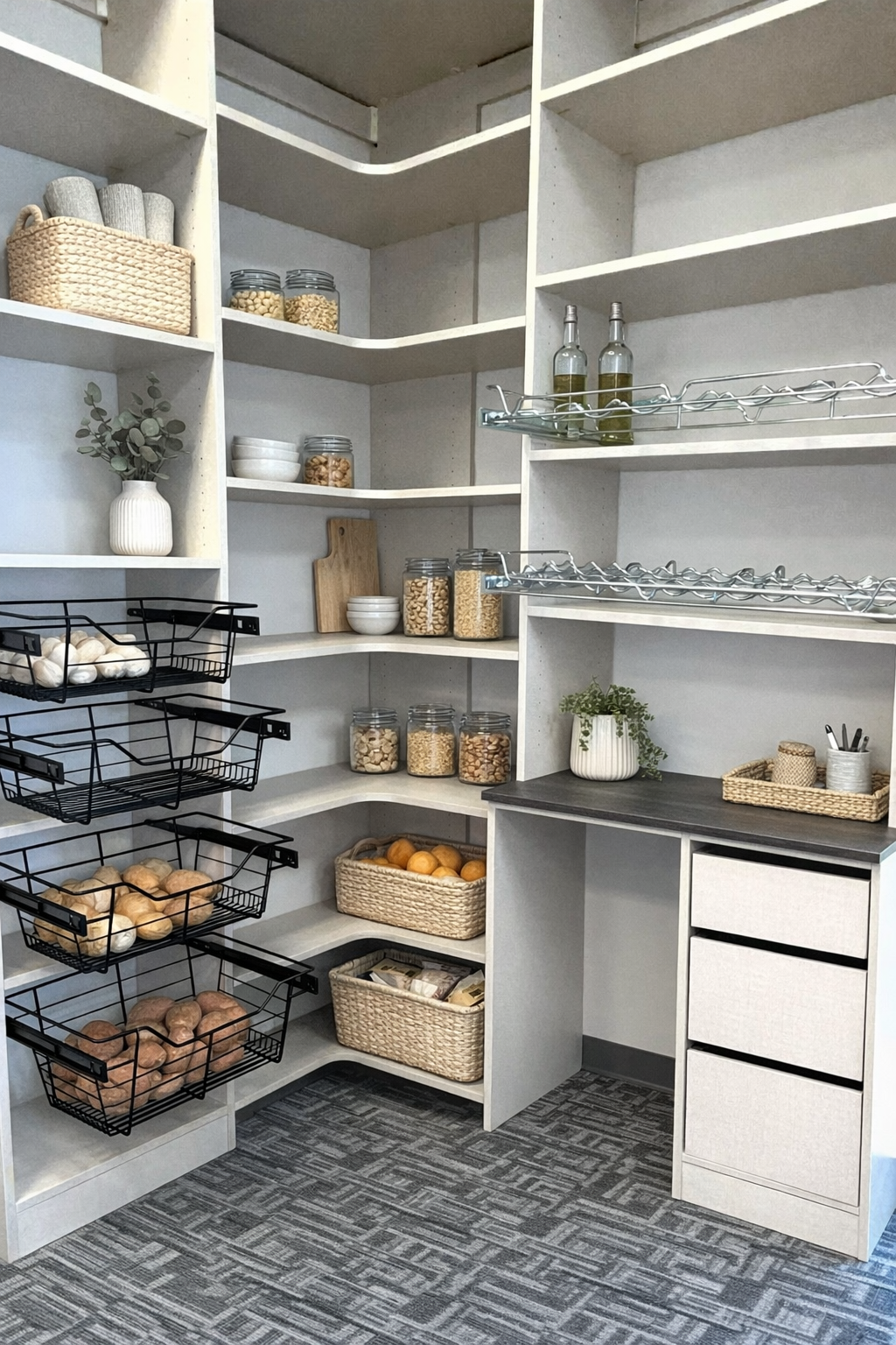 Corner pantry with open shelves and baskets holding various food items like sweet potatoes, bread rolls, oranges, and jars of nuts and grains, alongside a small counter with a plant and utensils.