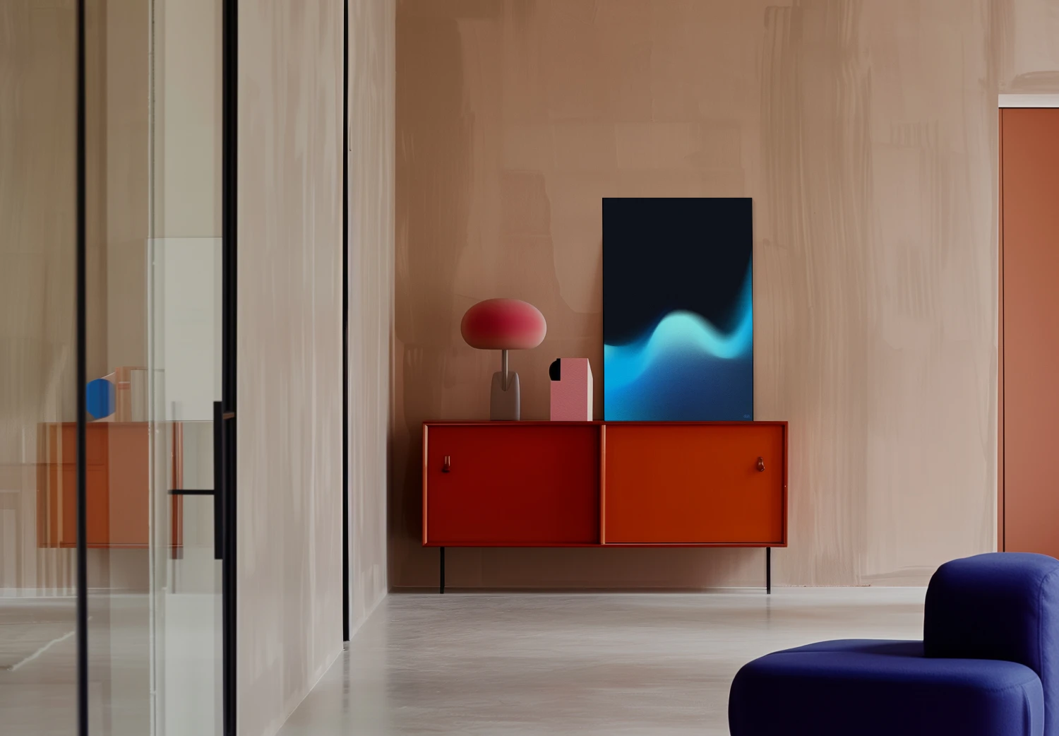 Modern interior with a red and orange floating cabinet, a red mushroom-shaped lamp, and an abstract artwork featuring blue waves on a black background.