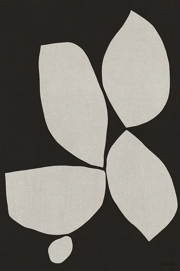 Abstract art piece featuring five irregular beige shapes resembling leaves on a black background.