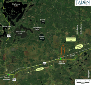 Map image of the proposed area of an underground mine in central Minnesota for the extraction of nickel, copper, and iron ore that would be processed offsite, in North Dakota, to produce metal concentrates for the domestic battery supply chain. 