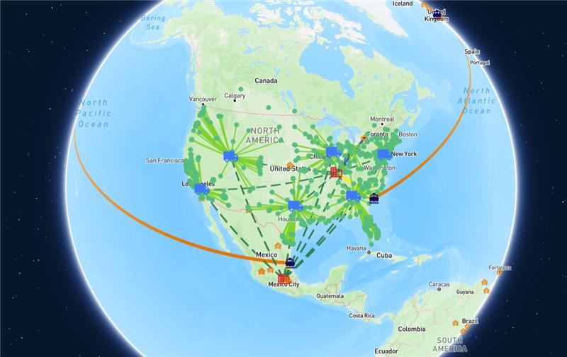 Cosmic Frog supply chain network map showing distribution nodes, flow paths, and facility locations across North America, visualizing multi-echelon inventory and logistics connections from Mexico to Canada.
