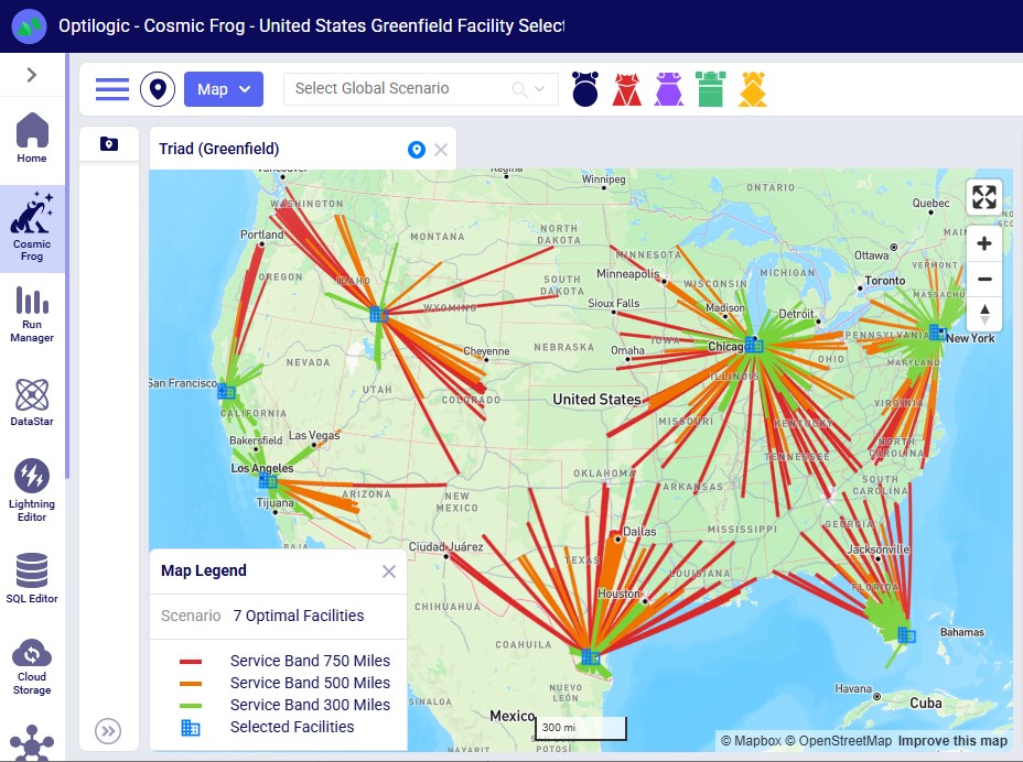 Cosmic Frog Triad greenfield map showing seven optimal US distribution centers with service distance bands.