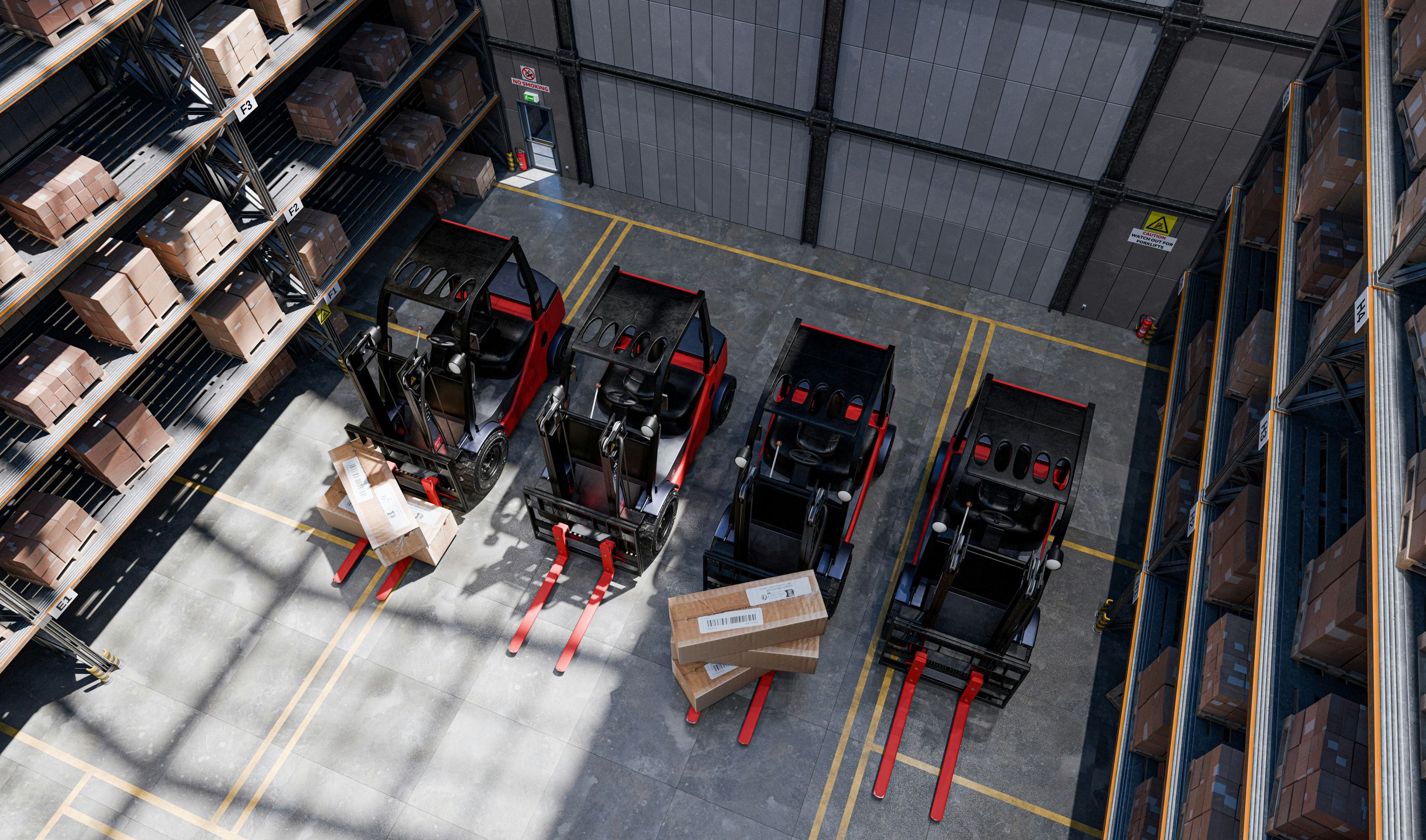 Top-down view of a warehouse with five red and black forklifts parked in designated lanes surrounded by shelves stacked with cardboard boxes, illustrating logistics and material handling operations.