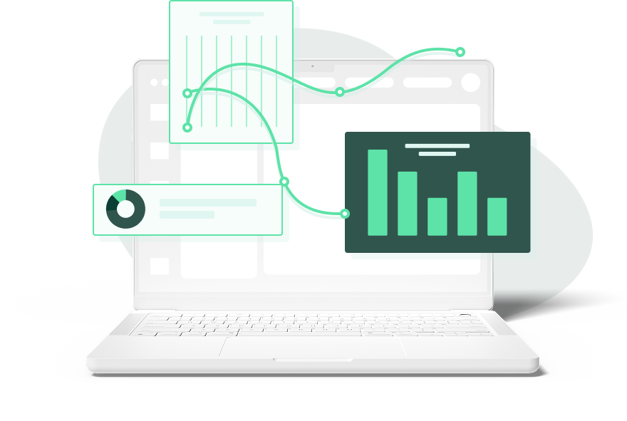 Illustration of a laptop with connected charts and graphs representing data analysis