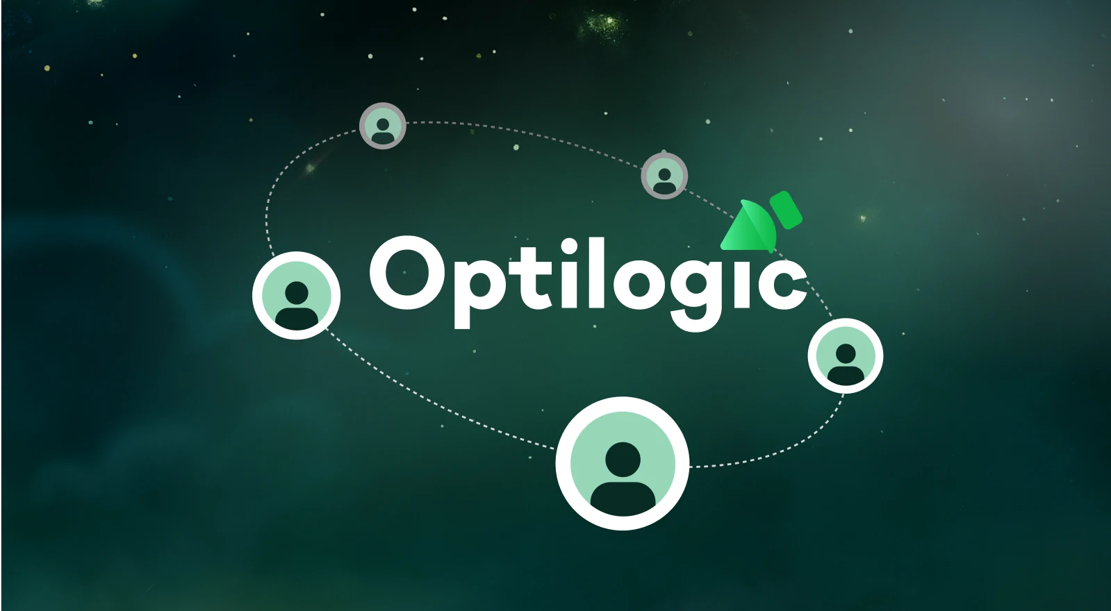 Optilogic logo with green satellite graphic and connected user icons on a space-themed background
