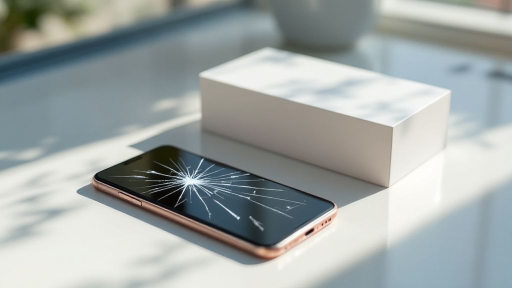 An image showing a damaged package and a cracked smartphone screen, illustrating a defective product.