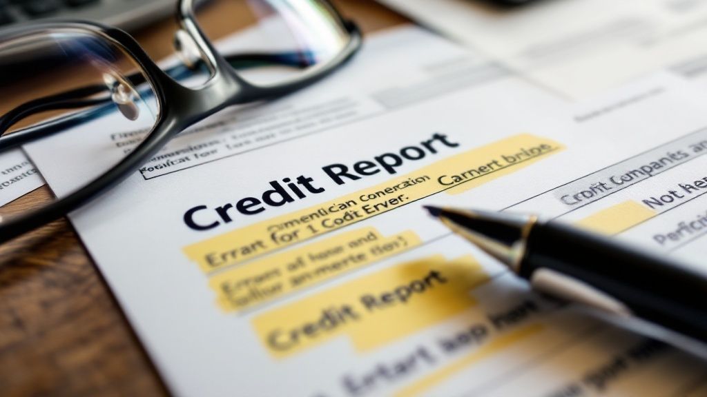 A person reviewing their credit report with a magnifying glass, highlighting the process of a Credit Report Dispute Rebuttal Letter