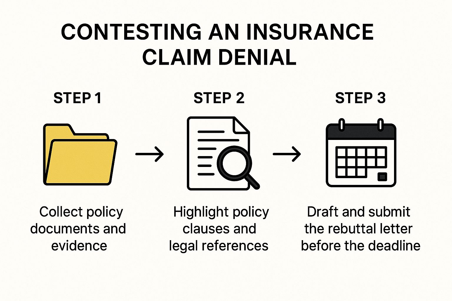 Infographic showing the three-step process to contest an insurance claim denial
