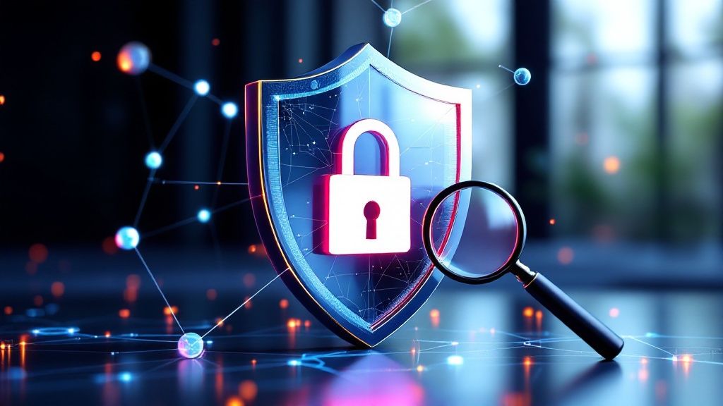 A person using a laptop with a secure lock icon overlay, symbolizing online transaction security