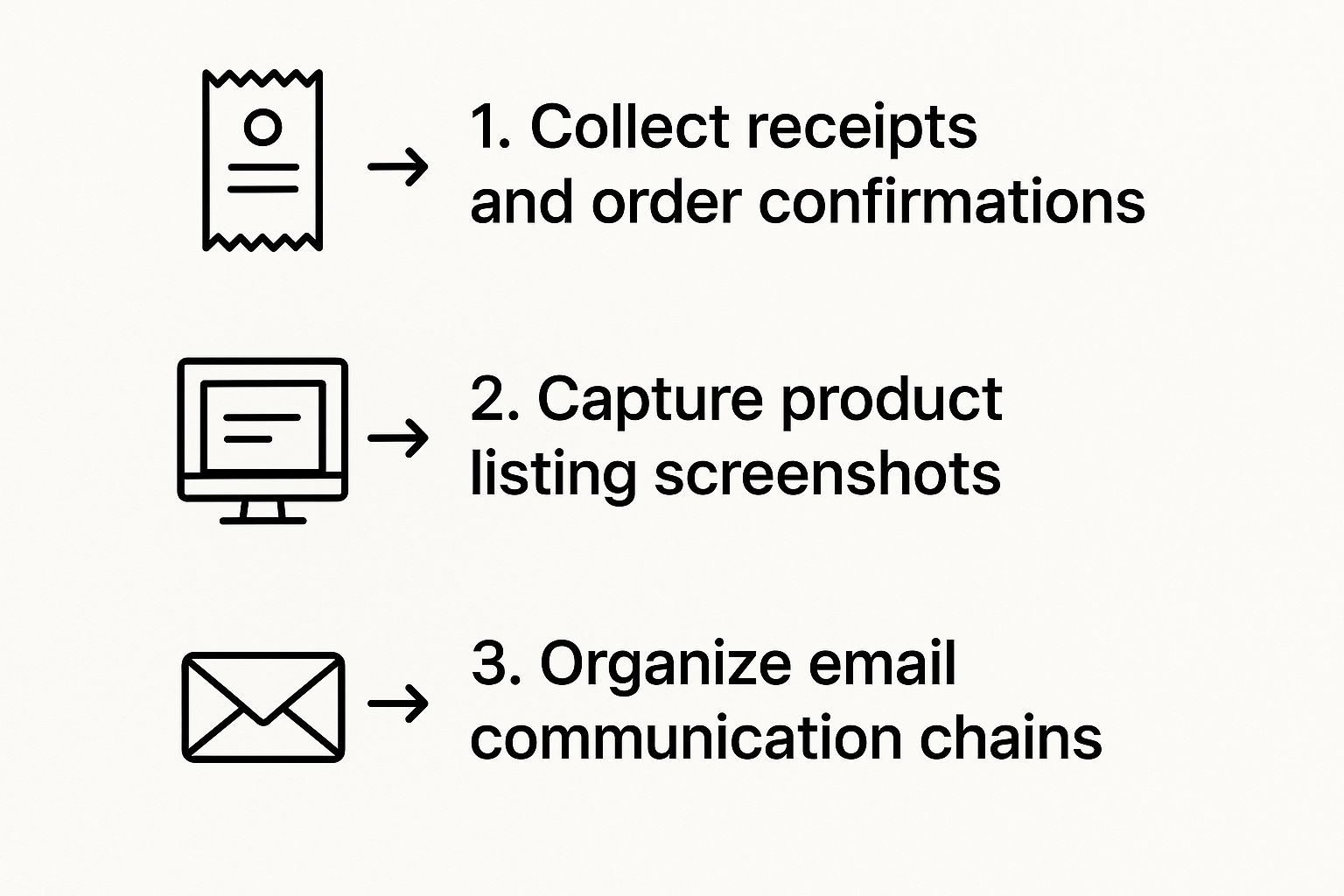 Infographic showing the three-step process for collecting chargeback evidence: collect receipts, capture screenshots, and organize emails.